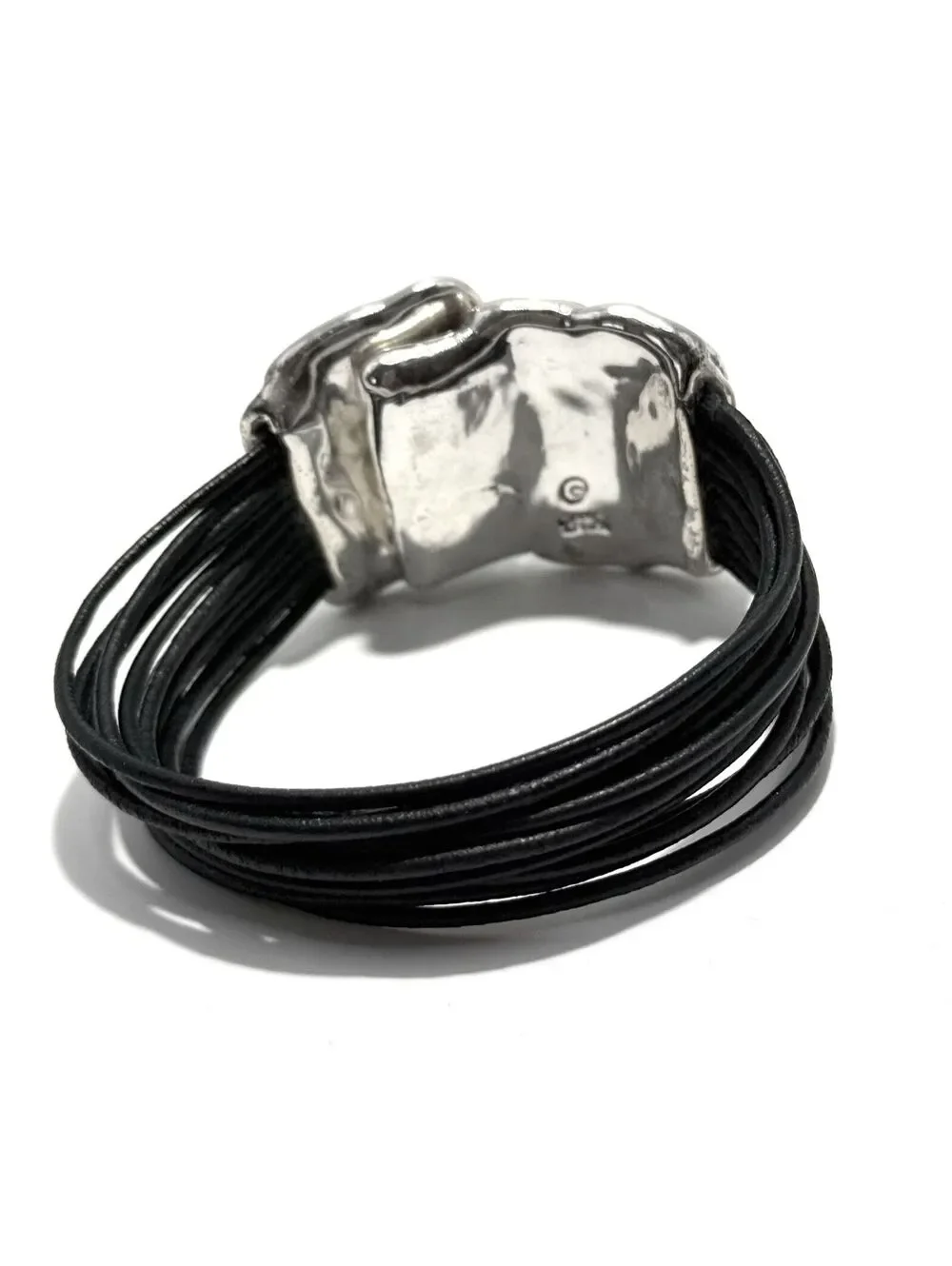 Sterling Silver 925 Multi-Strand Black Leather Cuff with Magnetic Clasp, Israel